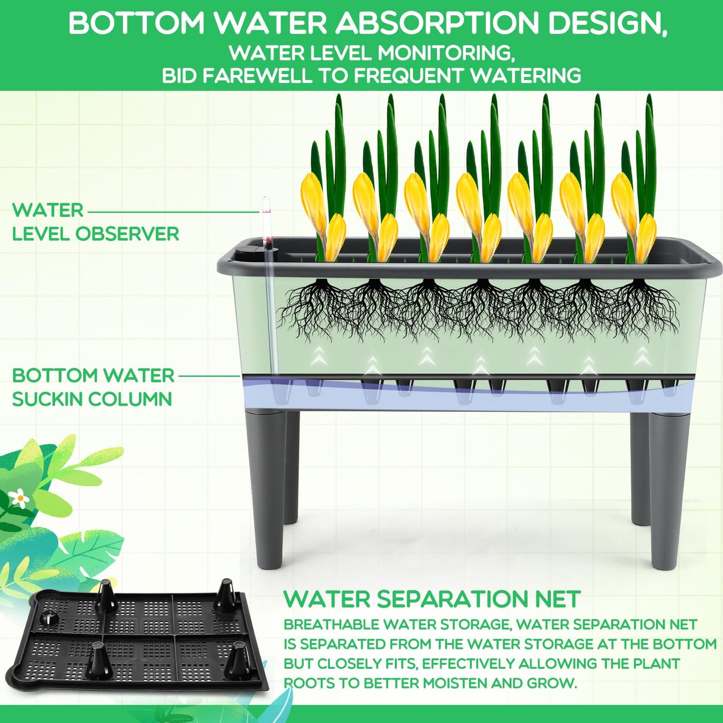 Yungyan 2 Pcs Self Watering Raised Garden Bed with Water Level Indicator, 13.2 Gallon Elevated Plastic Planter Box for Vegetables, Herbs, Flowers, Outdoor, Indoor(Gray,2 Pcs)