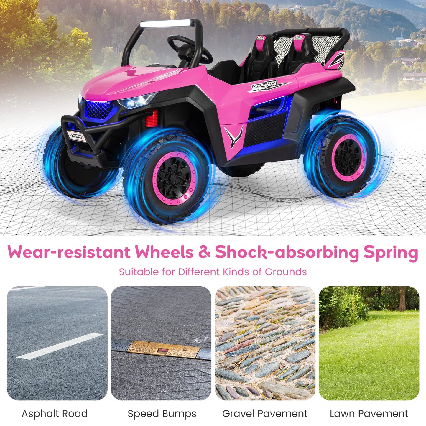 HONEY JOY Pink 2 Seater Ride On Car, 12V Battery Powered Ride On Truck w/Remote Control, Spring Suspension, High/Low Speed, Storage, Music, USB, Ambience Lights, Electric Vehicle UTV for Kids (Pink)