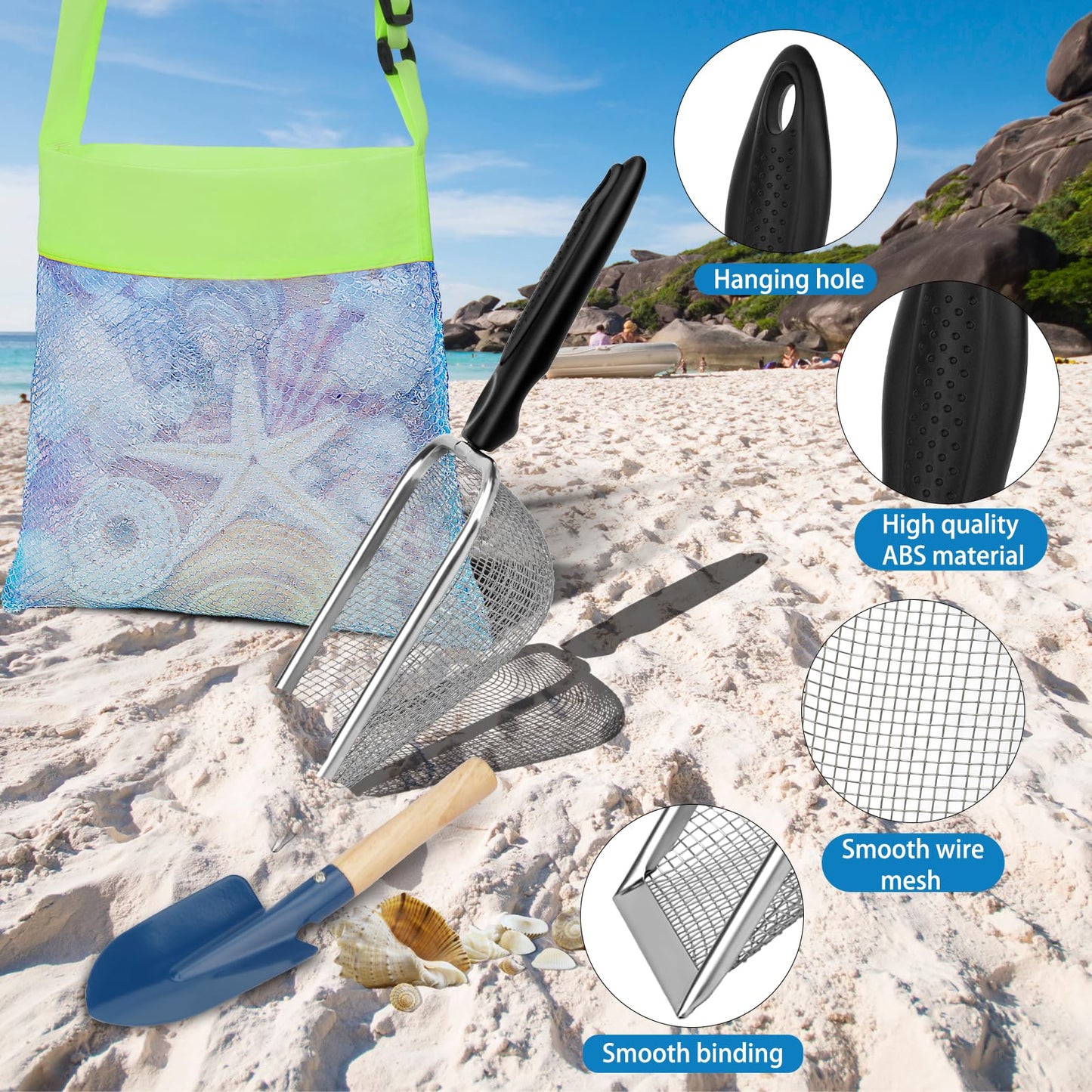 Mototo 12 Pack Beach Toys Set, Collapsible Beach Toys Included Foldable Bucket with Handle Sand Scooper Seashell Bag Mesh Shovel Hand Rake Fork Sand Sifter for Picking Up Shells Vacation Outdoor Play