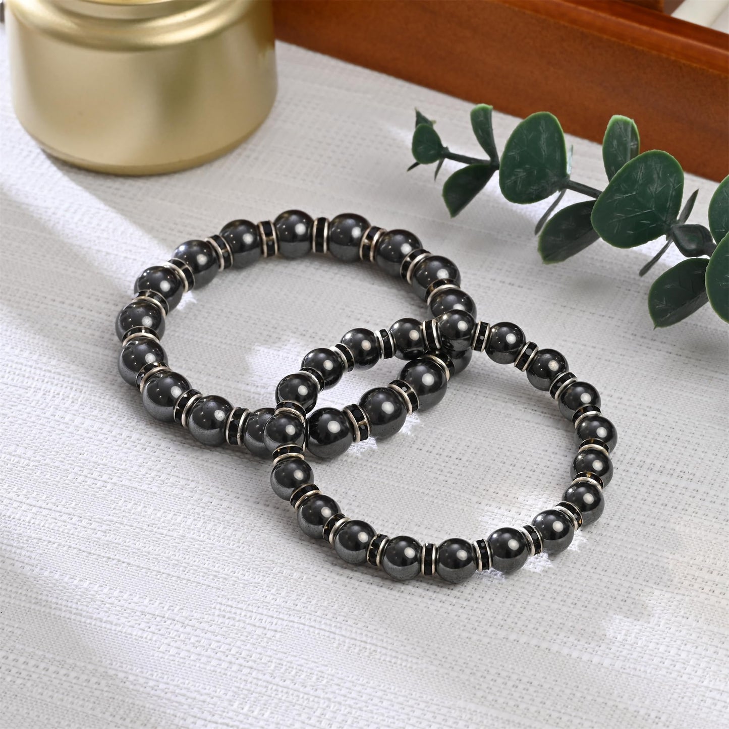 Apocalyptic-K Women's Magnetic Bracelet，Hematite Bracelets，Magnetic Bracelets With Zirconia,Handmade Stretch Bracelet，Eliminates static electricity. (Black Zirconia,8MM)