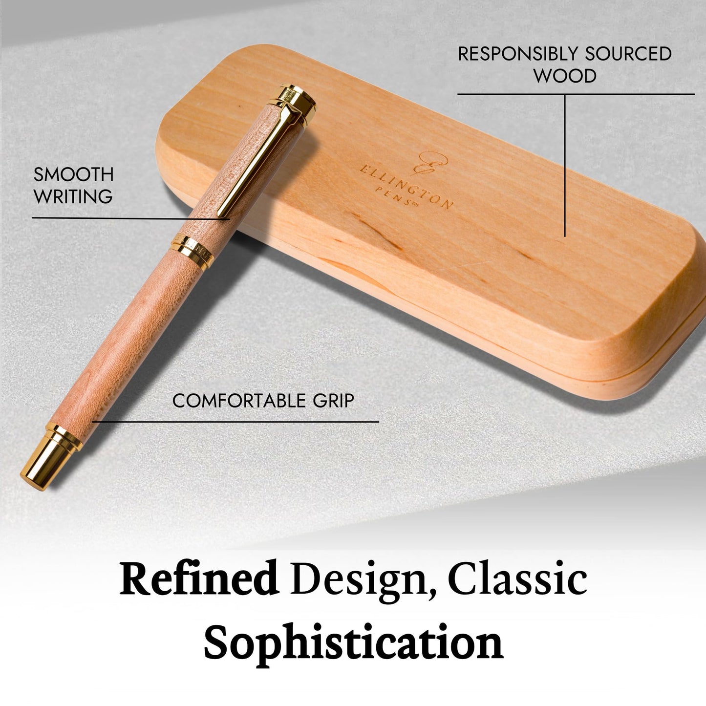 Ellington Pens Luxury Wood Fountain Pen Set – Fine Nib - Includes Wooden Pen Gift Box, Ink Converter, 6 Ink Cartridges – Wood Pen For Writing, Calligraphy, Journaling, Drawing (Maple Harmony)