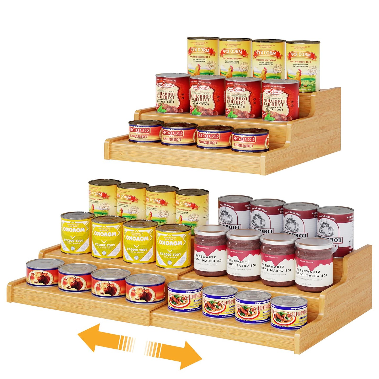 Expandable Bamboo Can Rack Organizer for Pantry, 3-Tier Adjustable Can Storage Holder, Soda Organizer Holds Up to 24 Cans, Canned goods Storage Display for Pantry, Cabinet, Countertop (patent pending)