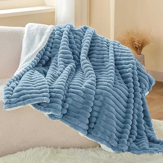 INFIIXSO Sherpa Throw Blanket for Couch - Super Soft & Warm Striped Fleece Blanket, Cozy Plush Fluffy Blanket All Season Use (Light Blue, 60x80 Inches)