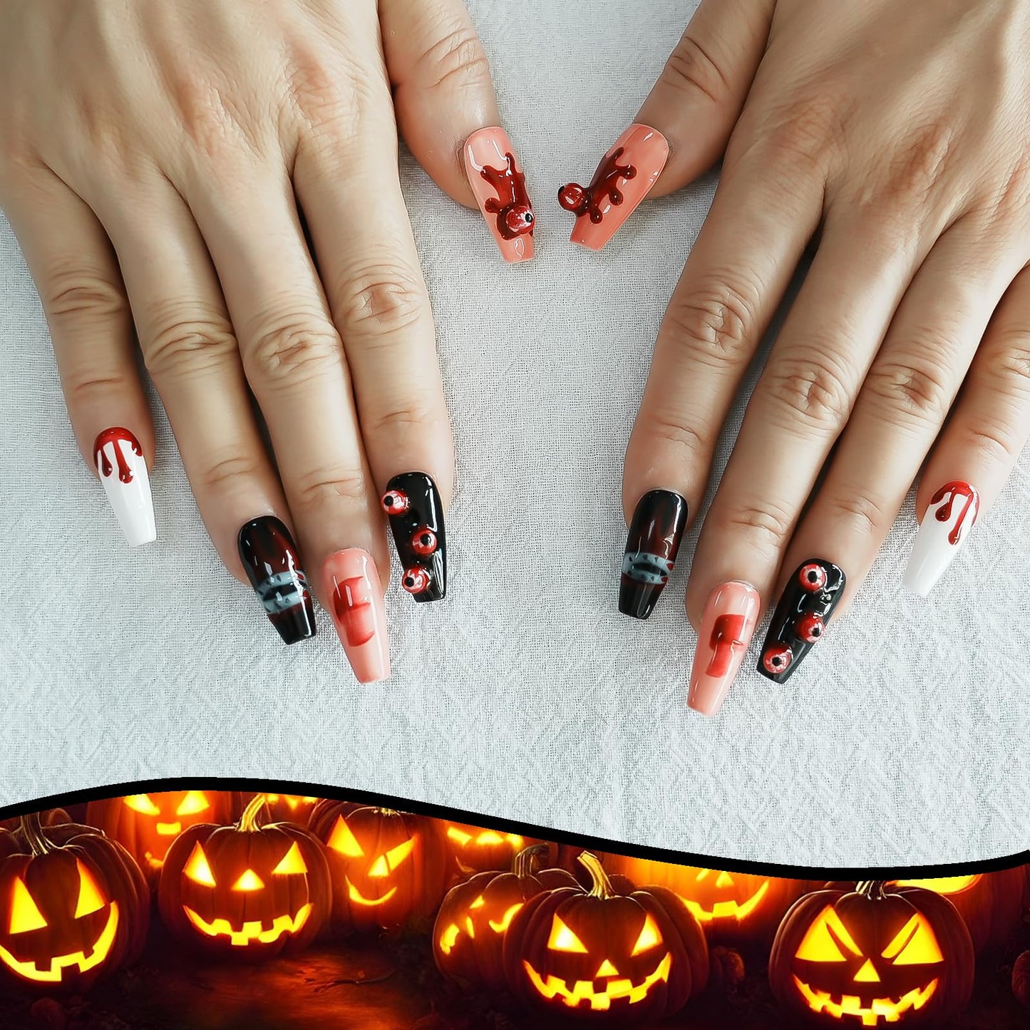 Tesytto Handmade Press on Nails Long Coffin - 3D Eyeballs with Red Drops Design, Multi-Layer Gel Acrylic Nails for Parties, Halloween (Vampire Eyes,M)