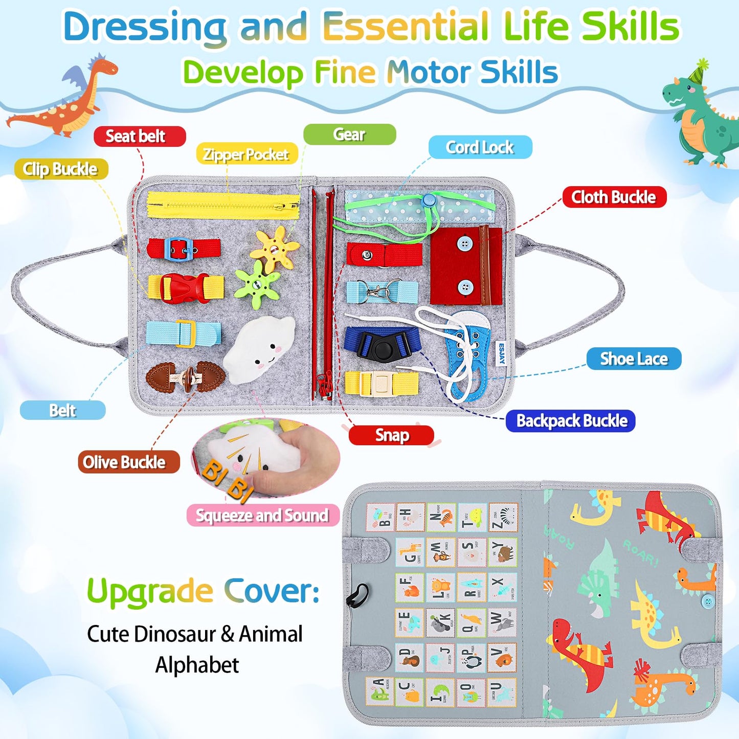 Esjay Montessori Sensory Garden Plush Set and Busy Board, Developmental Learning Toys with Rattle Squeaker Mirror Texture Tissue, Grey Dinosaur