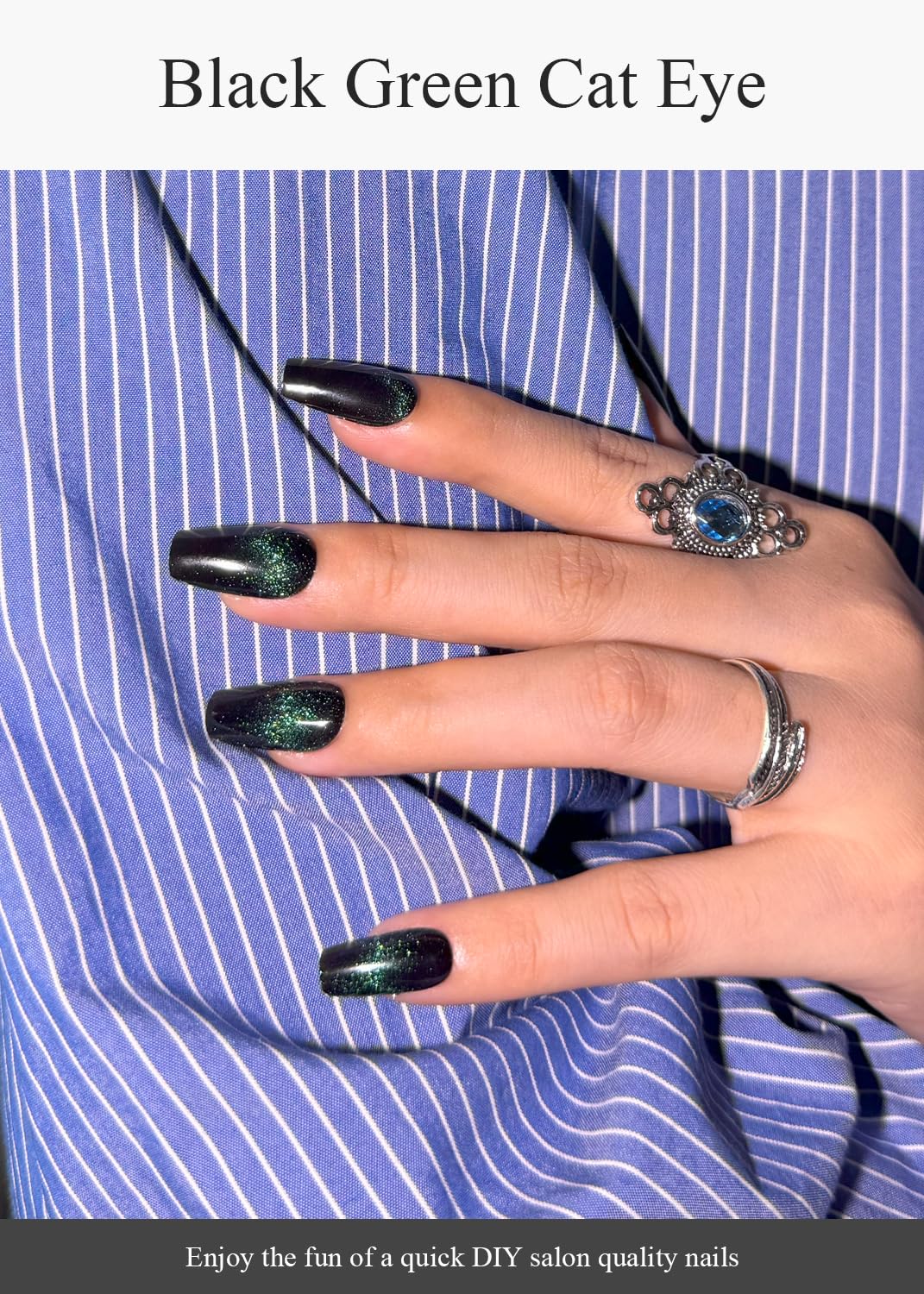 AutyaMee Semi Cured Gel Nail Strips (Black Green Cat Eye), 20 Pcs Gel Nail Wraps, Stickers, UV Light Required, Salon Quality, Long Lasting