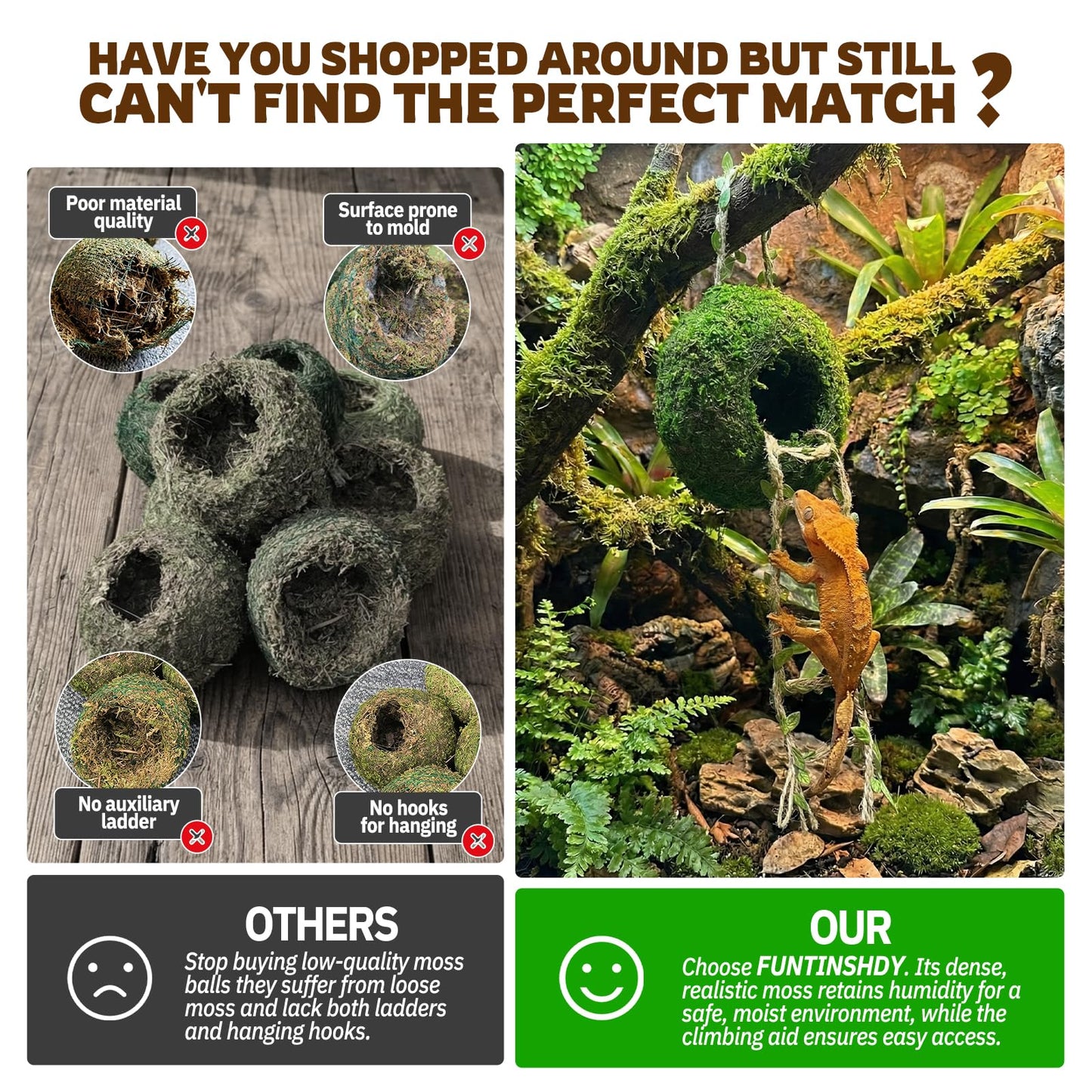 Moss Cave Hideout with Hanging Rope & Hemp Climbing Ladder – Natural Reptile Tank Decor Accessories for Crested Geckos, Chameleons, Tree Frogs, Leopard Geckos & Snakes. Terrarium & Vivarium Decor (4")