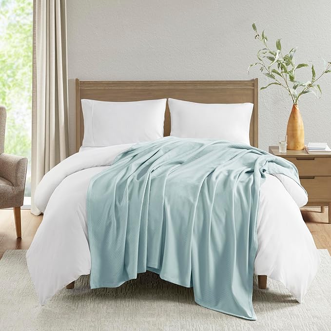 Madison Park Liquid Cotton Luxury Blanket Premium Soft Cozy 100% Ring Spun Cotton For Bed , Couch or Sofa, Full/Queen, Light Blue