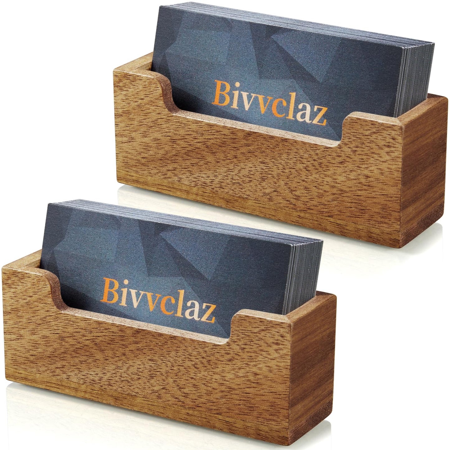 Bivvclaz 2 Pack Business Card Holder Desk, Acacia Wood Business Card Organizer Desktop Business Card Display Stand for Office Tabletop Exhibition, Small Business Essentials