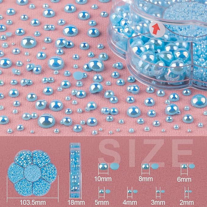 Nail Art Flat Back Half Round Pearl Kits 31, 1 Box of 6000 Pcs Flat-Back Light Blue AB Pearl with Tweezer and Picker Pencil for Home DIY Nails Body Face Craft and Salon Use