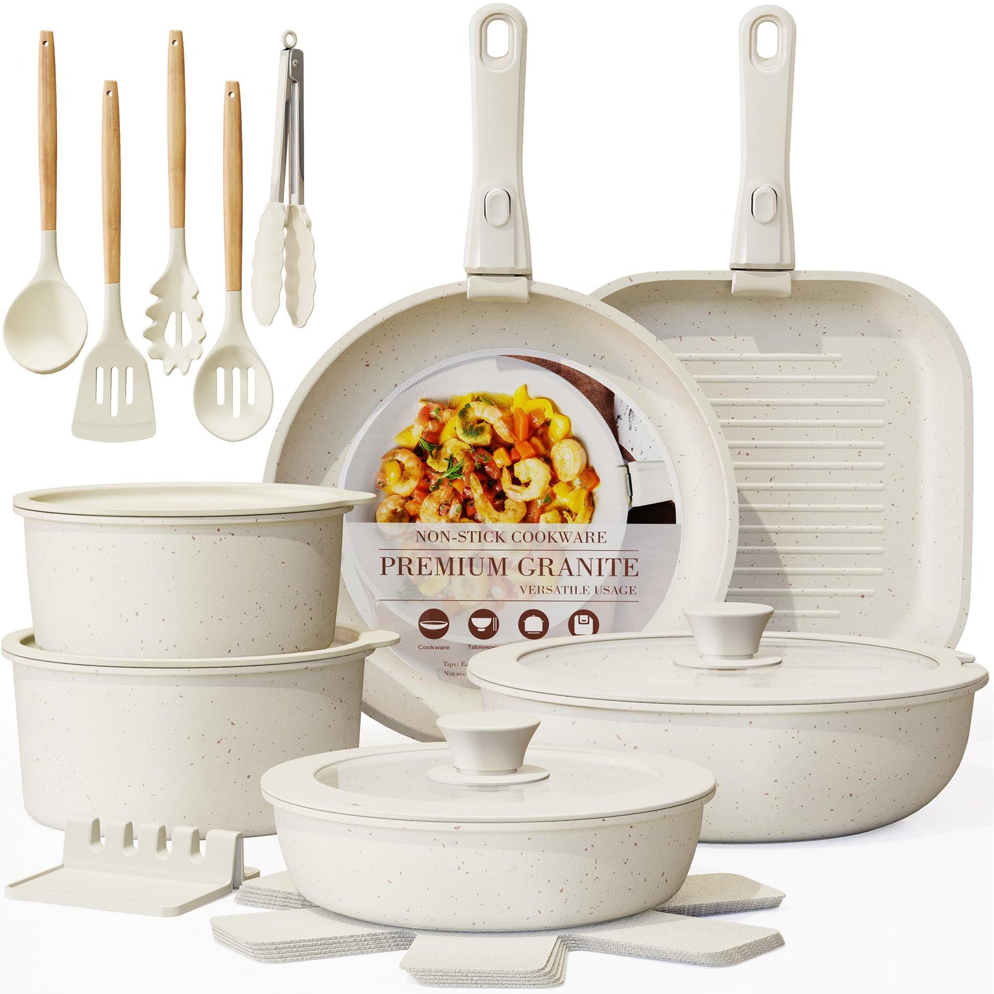 Astercook 23 Pcs Pots and Pans Set Non Stick, Ceramic Cookware Set Detachable Handle, RV Kitchen Cooking Set Removable Handles, Oven Safe, Induction Ready, Stackable, Cream White, Mothers Day Gifts