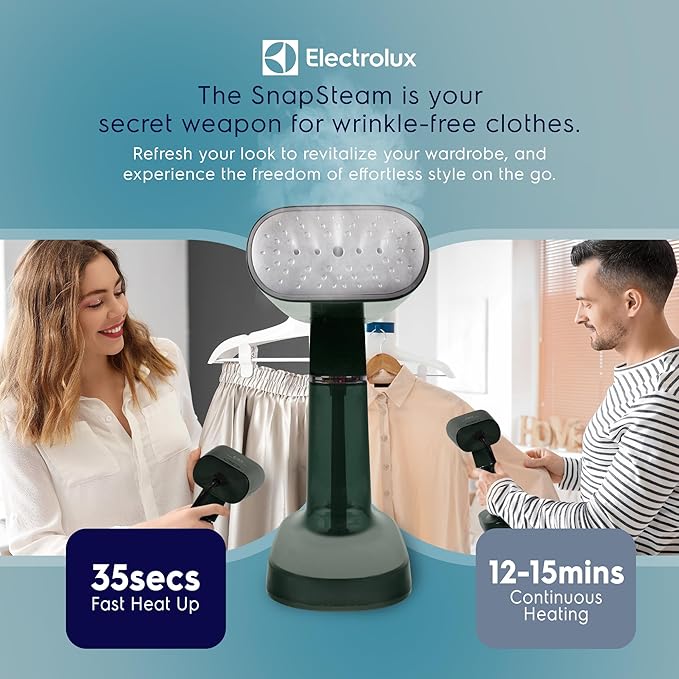 Electrolux SnapSteam Steamer for Clothes - Powerful 1200W Handheld Detachable Steam Press Iron Wrinkle Remover Portable Travel Steamer for Garments, Fabrics & Curtains, Green