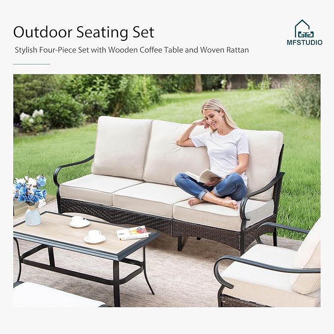 MFSTUDIO 4 Pieces Outdoor Patio Furniture Set, Metal Outdoor Conversation Set, Rattan Wicker Patio Sectional Sofa Set with 2 x Fixed Single Sofa, 3-Seat Sofa, 1 x Coffee Table, Beige