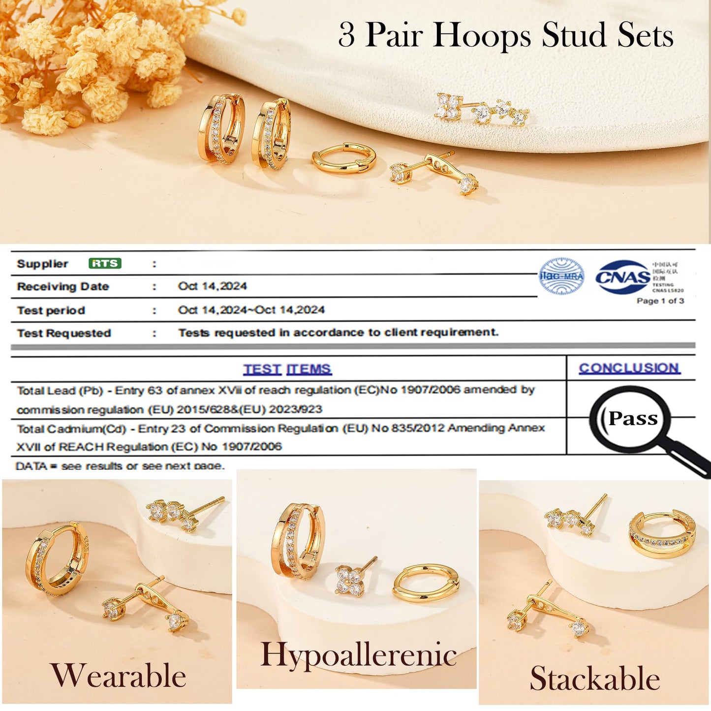 DORANA 3 Pair Small Gold Hoop Earrings Set for Women 925 Sterling Silver Huggie Earrings Non Tarnish Small Cartilage Hoops Stackable Earring Stacks Sets for Multiple Piercing