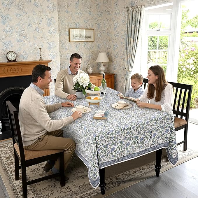 Ridhi Hand Block Print Columbia Blue Rectangle Cotton Tablecloth 160" x 72" Reusable Table Cover Decorative Everyday Use for Dining, Farmhouse, Home Gift for Spring, Easter, Valentine