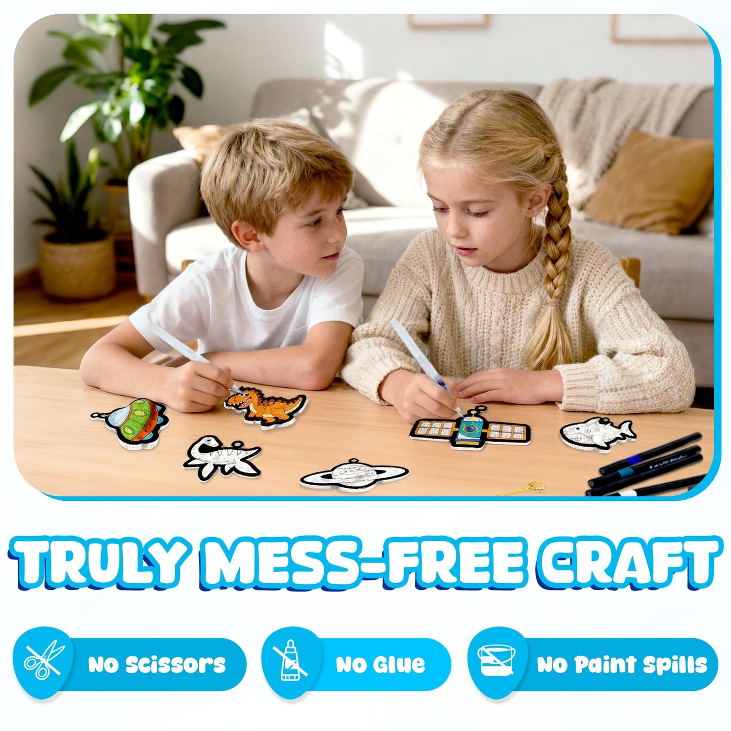 Aqua Puffs Fluffs Mess-Free 3D Art Puffs Kit for Kids Double-Sided Water-Activated Craft with Dinosaur & Space Designs, No Glue or Paint, Creative Activity for Boys & Girls Ages 3–8 Dinosours & Space