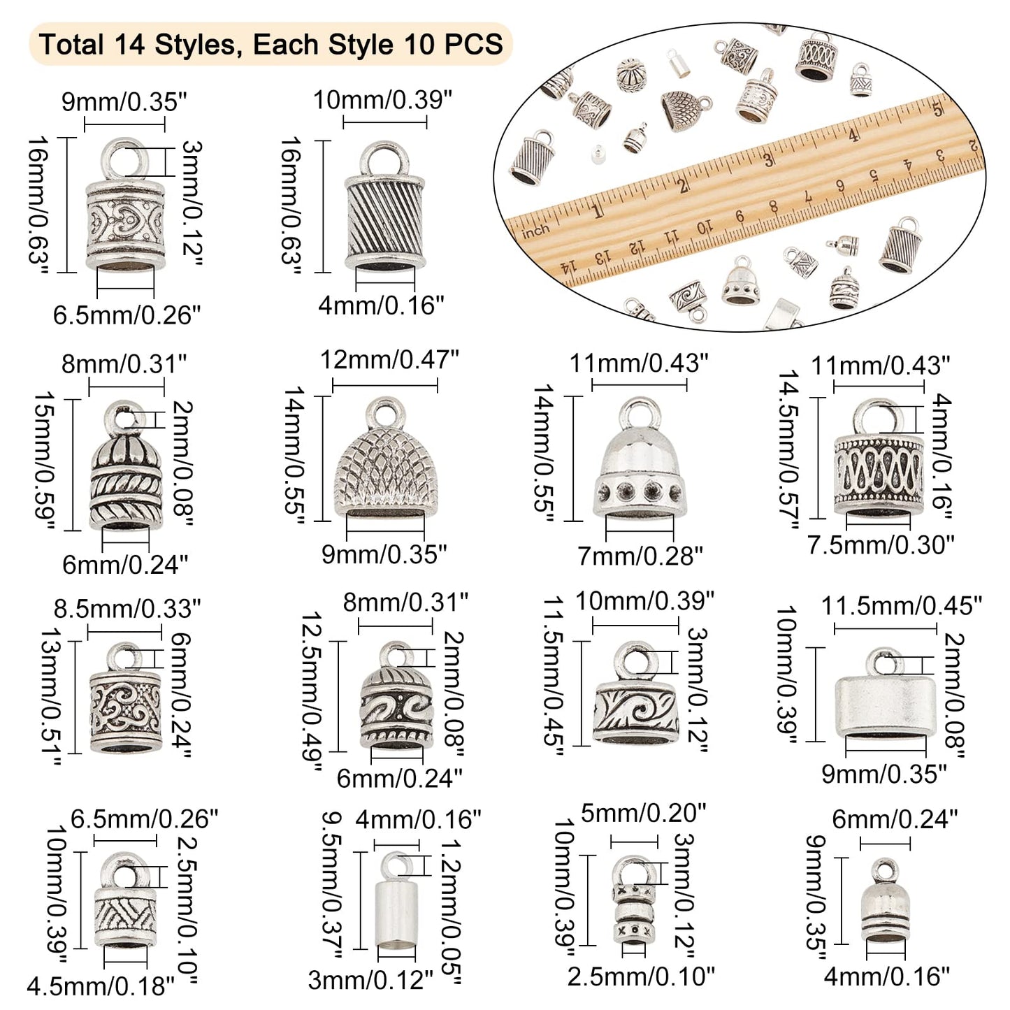 PH PandaHall Cord End Cap, 140pcs 14 Styles Alloy Glue in End Caps Leather Cord End Cap Bead Tube Barrel Loop Clasp for Tassels Earring Bracelet Jewelry DIY Craft Making, Antique Silver