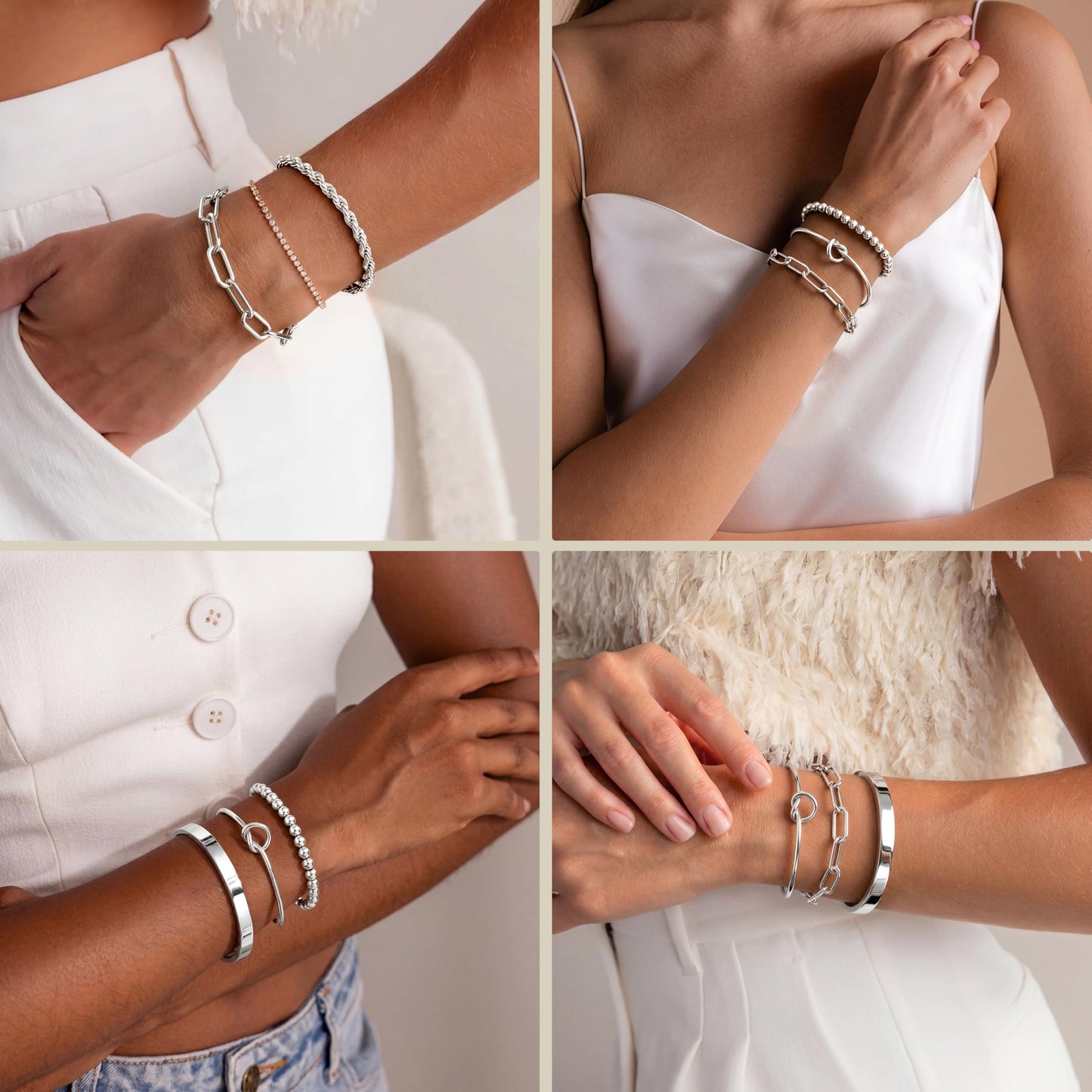 Gokeey Silver Cuff Bracelets for Women,Dainty Silver Bangles Bracelets Set for Women, Paperclip Link Chain Rope Beaded Tie Knot Bracelets Stack Chunky Jewelry