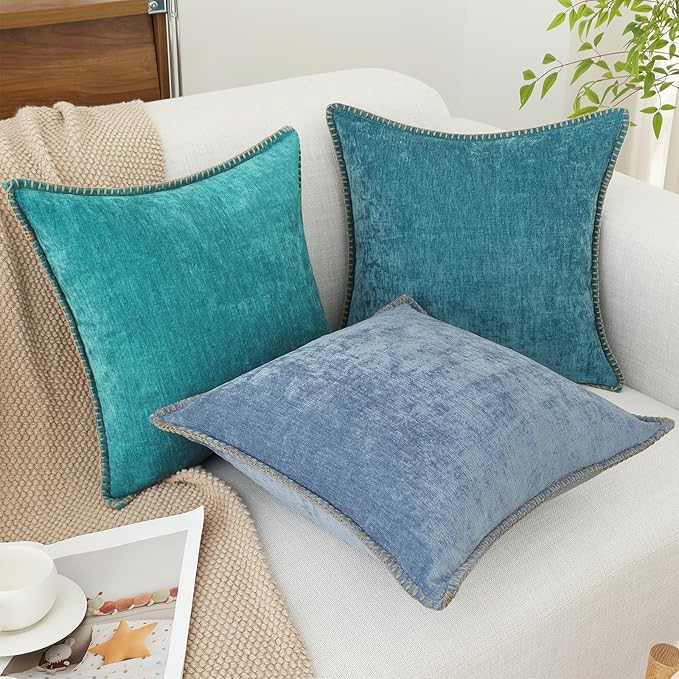 decorUhome Chenille Soft Throw Pillow Covers 22x22 Set of 2, Farmhouse Velvet Neutral Decorative Euro Pillow Covers with Stitched Edge for Couch Sofa Bed Home Decor, Blue