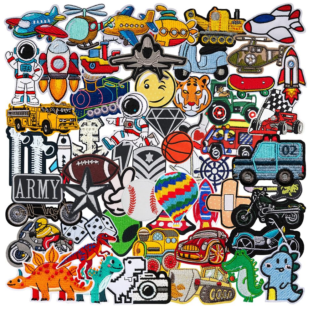 60 Pcs Random Assorted Preppy Boy's Iron on Embroidered Patches,Cute Aesthetic Boy Theme Car Dinosaur Ball Sew on Applique Patches for DIY Backpacks Pants Clothes Jeans Jackets Shirts Shoes