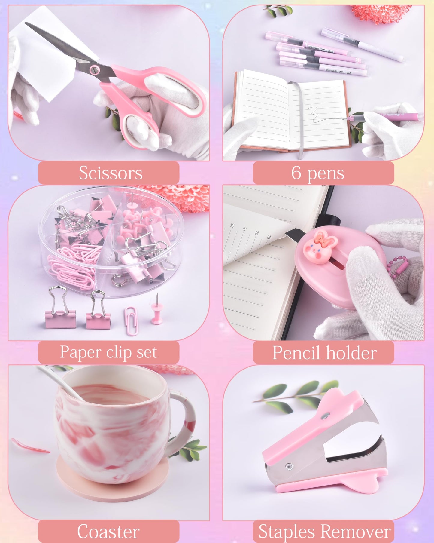 Pink Desk Accessories, Pencil case, Stapler, Pen and a Lot of Office Pink Office Supplies Beautifully Presented in a Gift Box