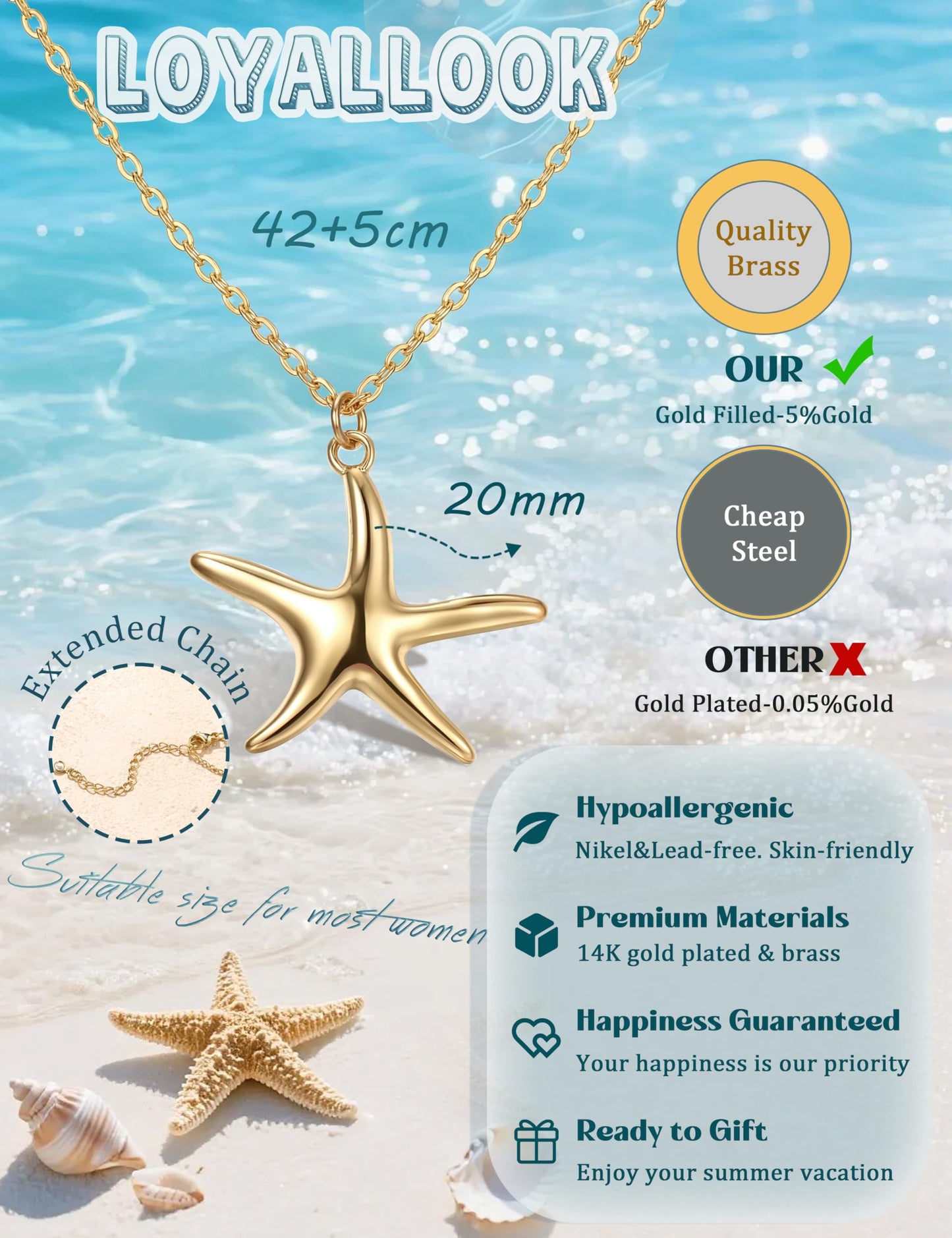 LOYALLOOK Starfish Necklace for Women, 14k Gold Plated Dainty Starfish Charm Necklace Stack, Non Tarnish Waterproof Gold Beach Accessories for Summer Vacation
