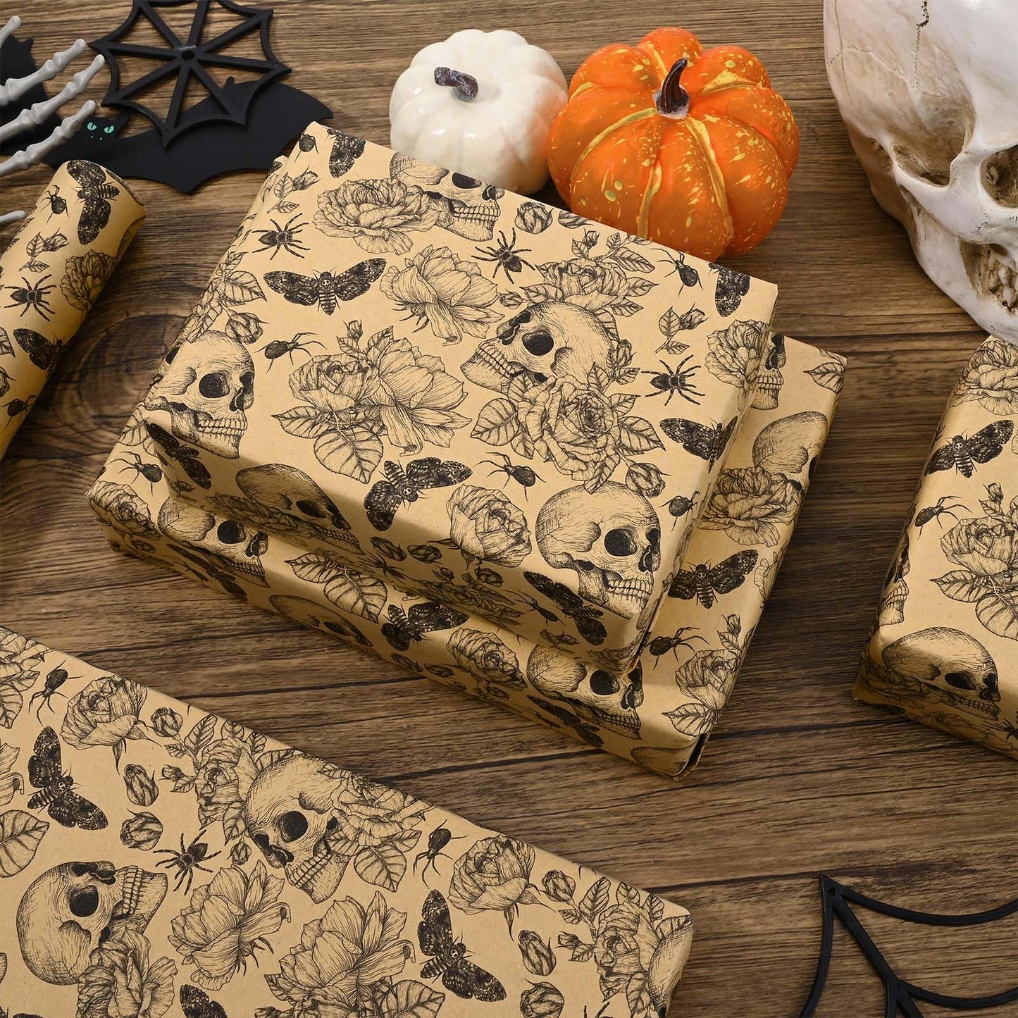 Bolsome Kraft Skull Wrapping Paper Goth Rose Skull Patterned Gift Wrap Paper Roll for Halloween Party Baby Shower Birthday Party Packaging Supplies, 17 Inches × 33Ft