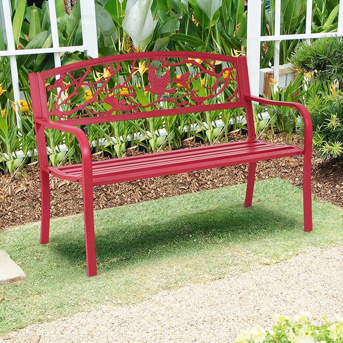 Giantex 50”Outdoor Bench with Cast Iron Backrest & Ergonomic Armrest,600 lbs Steel Metal Frame, Garden Bench for Park Front Porch Patio Lawn Backyard Balcony Path Entryway Deck, Red Bird Pattern