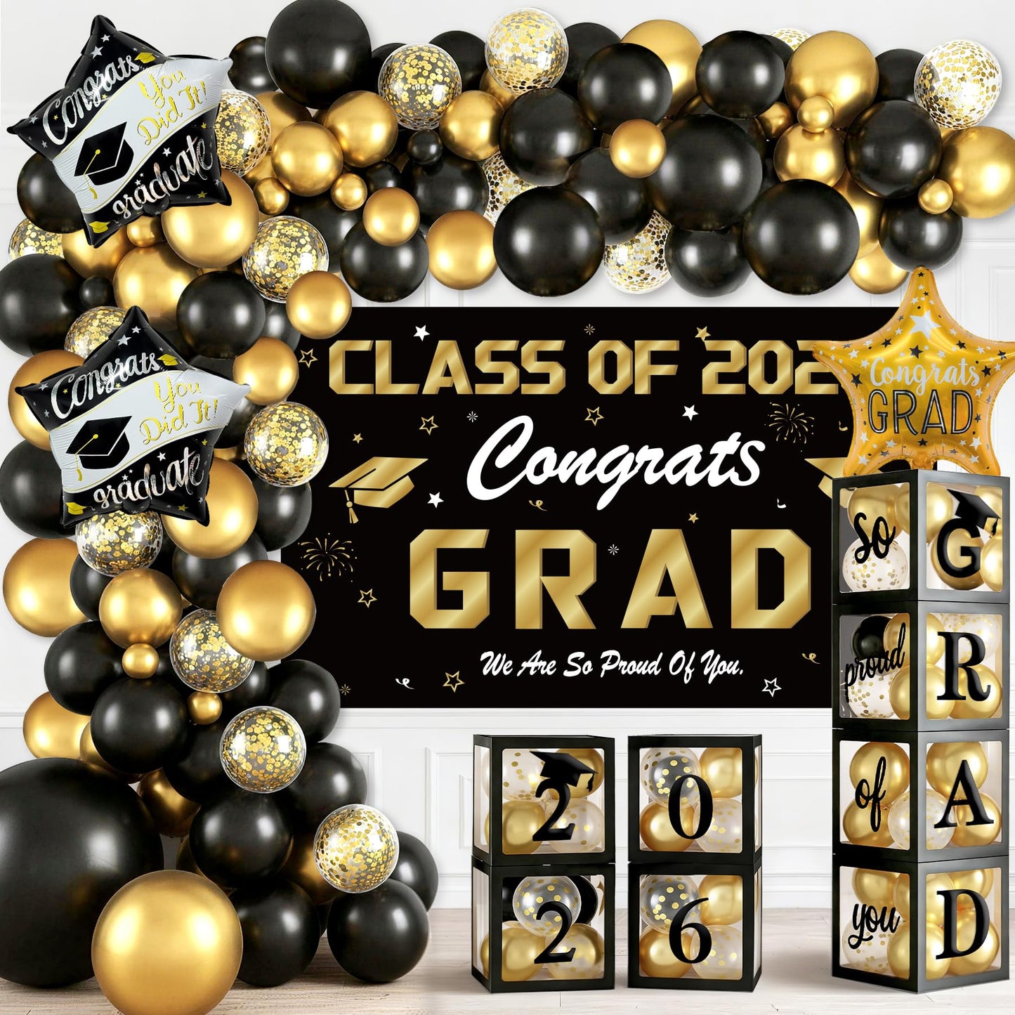 Black and Gold Graduation Decorations 2026, 138 Pcs Graduation Balloon Arch Kit with 4 Grad Boxes, 2026 Graduation Backdrop, Foil Balloons & Congrats Grad Party Decor