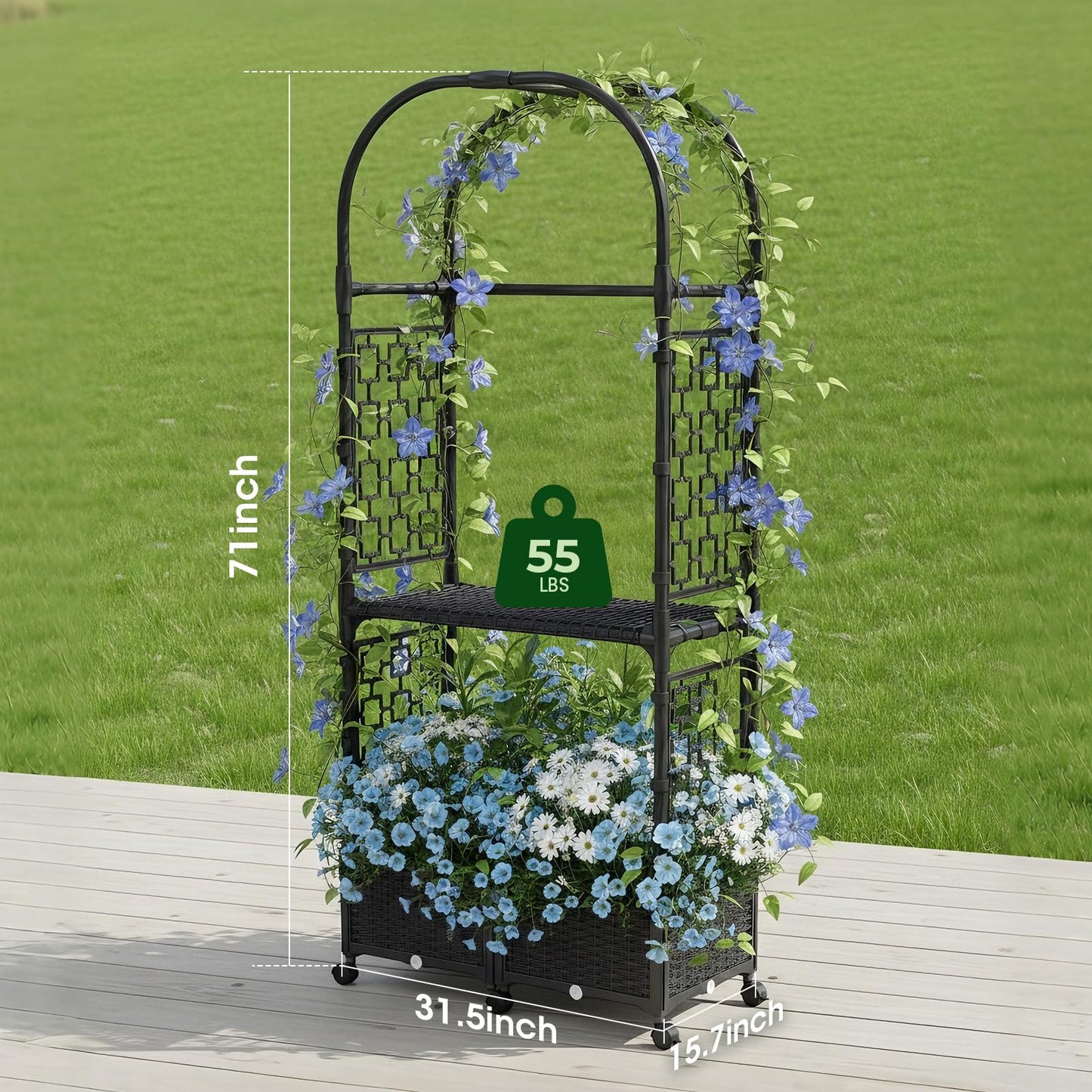 MQHUAYU 71"x16"x32" Planter Box with Trellis, 3-in-1 Self-Watering Planter Box with Wheels for Patio,Raised Garden Bed with Trellis, Drainage Holes & Metal Storage Rack for Vine Climbing Plants