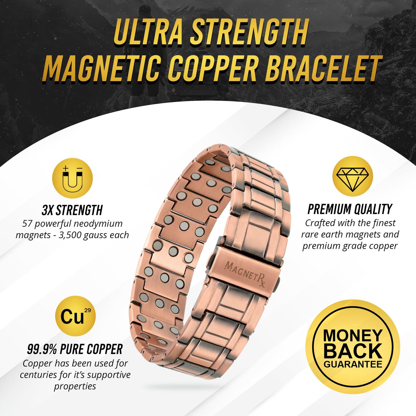 MagnetRX 3X Strength Magnetic Bracelets for Men – Titanium & Pure Copper Magnetic Bracelets for Men – Premium Fold–Over Clasp & Adjustable Length with Sizing Tool