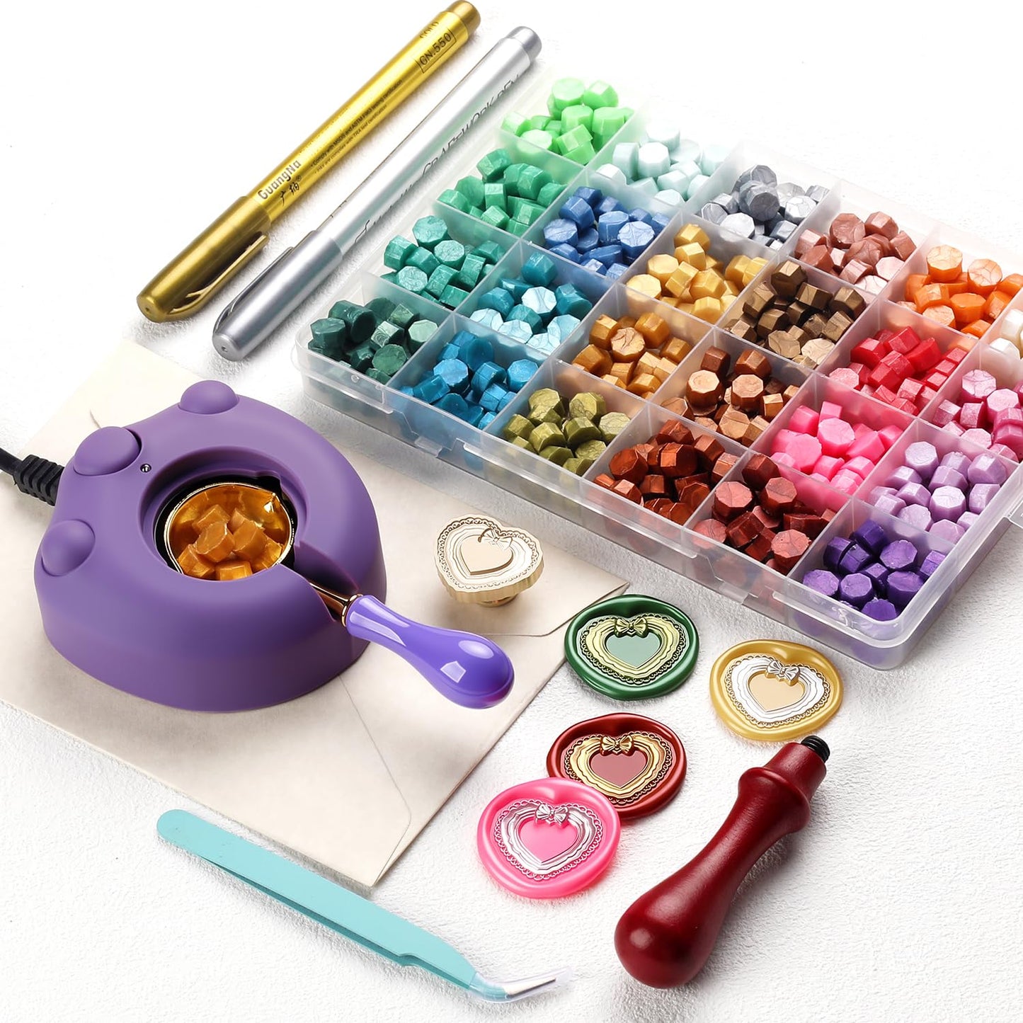Wax Seal Stamp Kit - 24 Colors, 1pcs 3D Frame Stamp & 624 Pcs Stamp Beads, Electric Sealing Wax Warmer, Metallic Pen Decoration Setr (24, K)