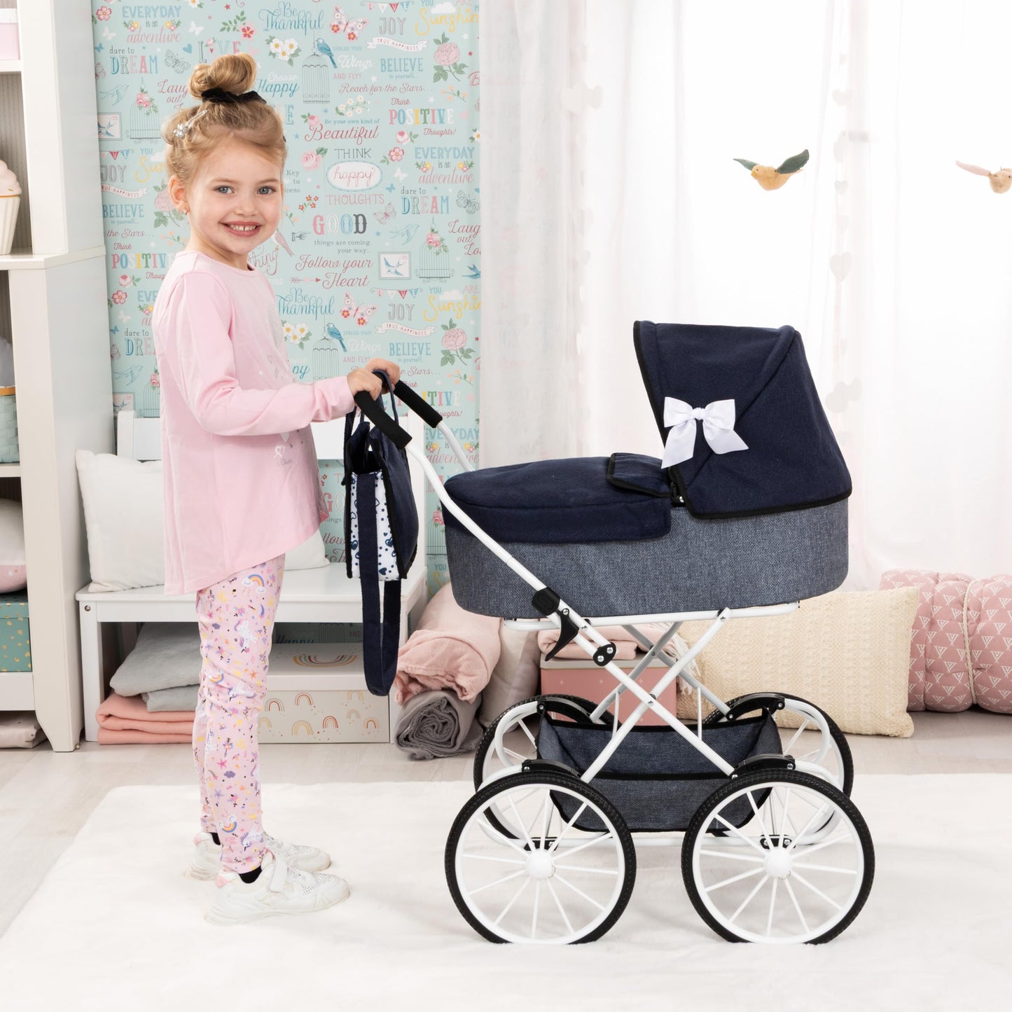 Bayer Design Classic Doll Pram – Navy-Grey-Hearts Stroller, Foldable Carriage with Storage Bag, 18 Inch, Ages 3+
