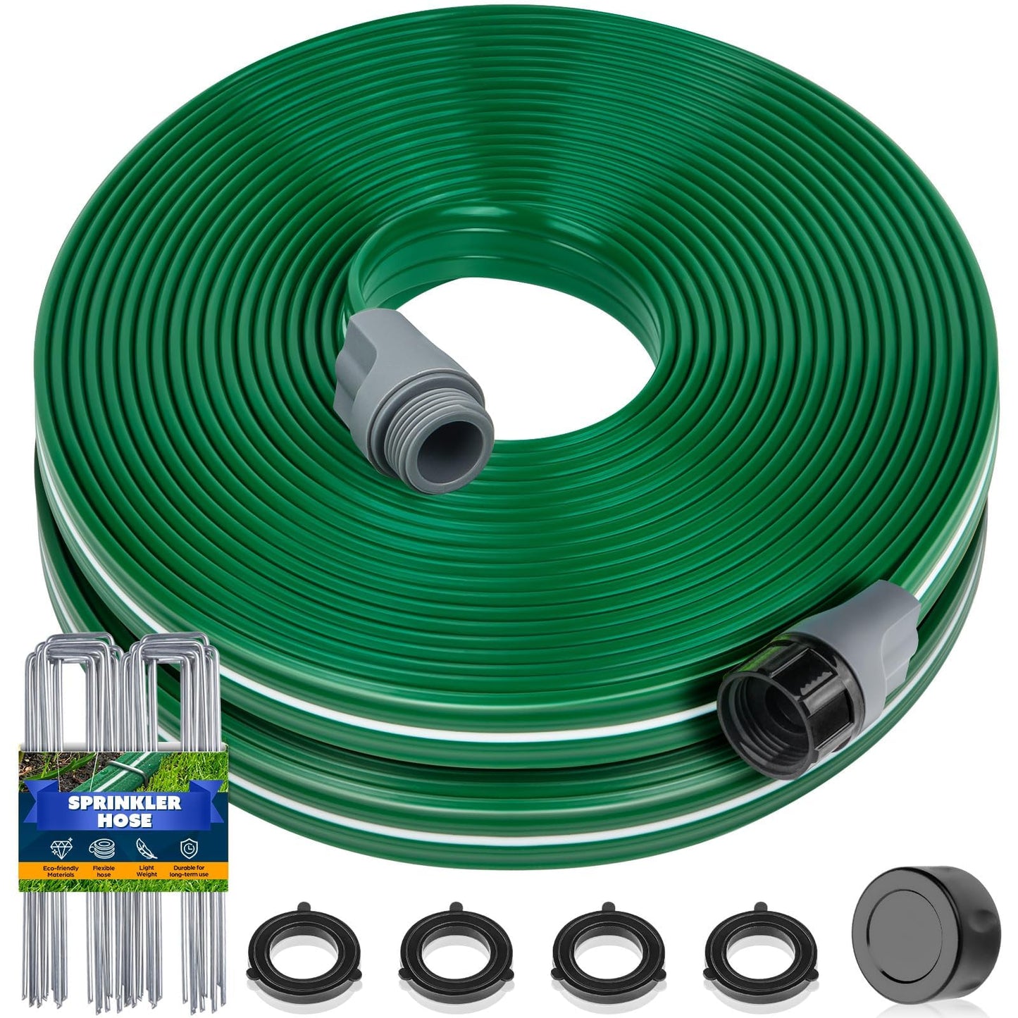 Jin&Bao Sprinkler Hose with Holes 100FT(50FTx2pack), Heavy Duty Garden Watering Hose, High-Efficiency Lawn Sprinkler System with Staples
