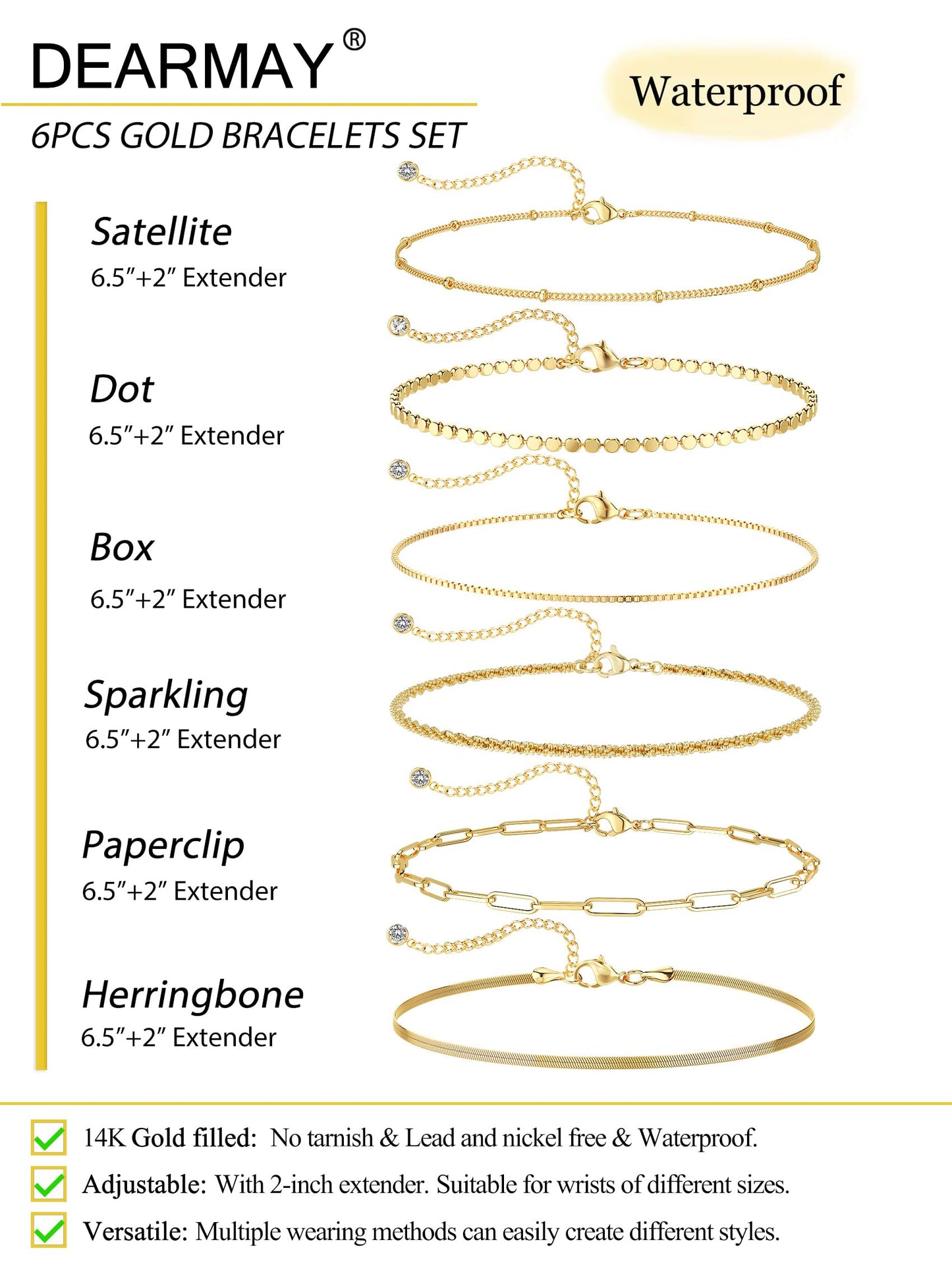 DEARMAY Dainty Gold Plated Bracelets for Women Trendy Waterproof 14K Gold Jewelry Sets Fashion Stackable Rope Box Herringbone Paperclip Chain Link Bracelet Pack Stack Gifts for Womens