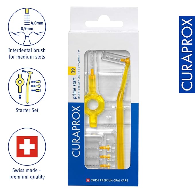 Curaprox CPS 09 Prime Start Interdental Brushes Set, 5 Interdental Brushes CPS 09 + 1 UHS 409 Holder + 1 UHS 470 Holder, 0.9 mm Diameter, 4 mm Effectiveness, Yellow