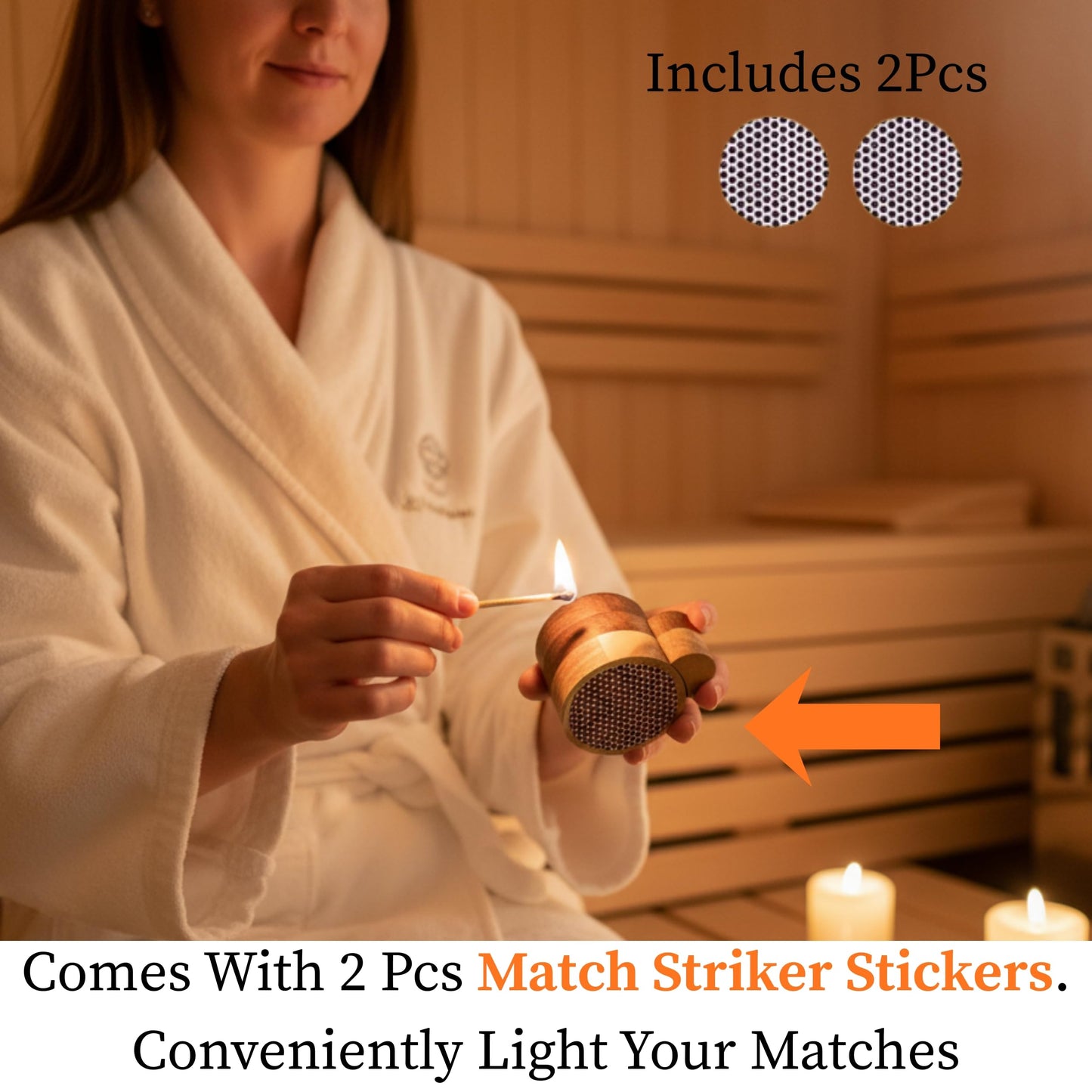 The Easy Strike Acacia Wood Match Holder with Striker & Extra Striker Pad - 3.25" x 2" Decorative Matchstick Organizer for Fireplace, Candles, Home Decor Gift, Matches Not Included (1 Pcs)