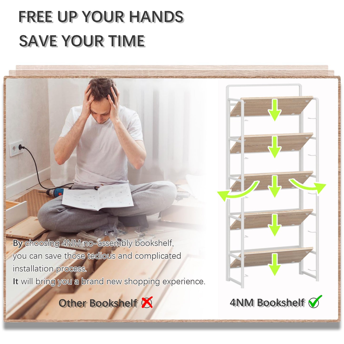 4NM No Assembly 5 Tiers Folding Bookshelf Storage Shelves Vintage Bookcase Standing Racks Study Organizer Home Office (Natural White)