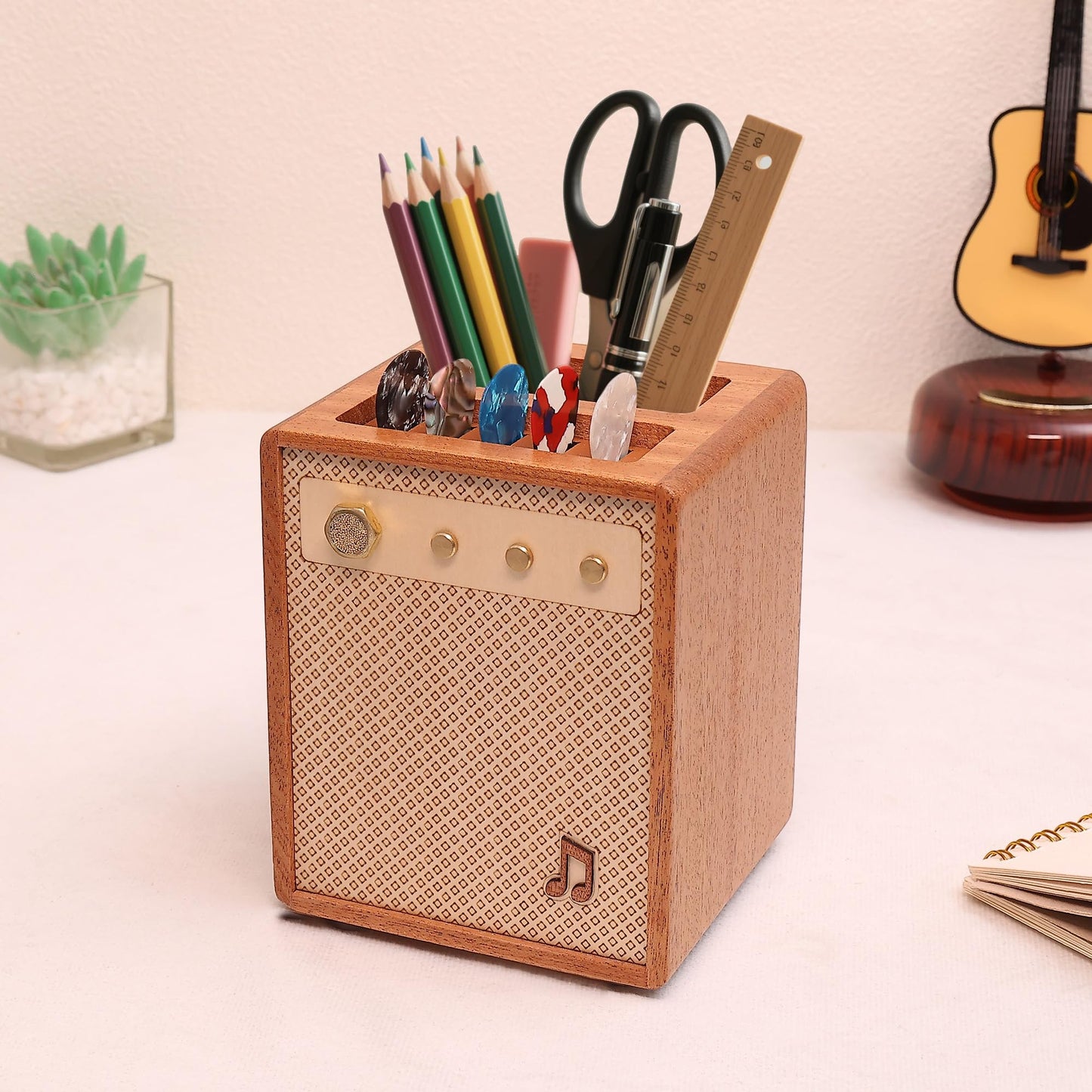 CoolGift Mart Guitar Accessories, Sapele Wood Amp Styled Guitar Pick Holder with Pen Storage, Desk Organizer Gift for Guitarists for Picks and Pens Storage