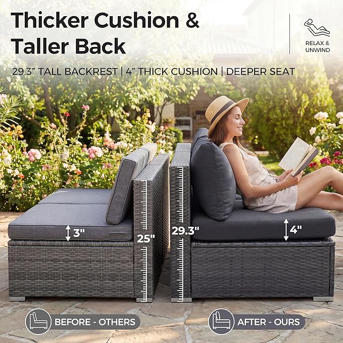 NICESOUL 9 Piece Outdoor Patio Garden Furniture Set with Fireplace Natural Gas/Propane, 29.3'' High Back Oversized Wicker Sectional Sofas, Deep Seating Couches for Outside Backyard Terrace, Gray