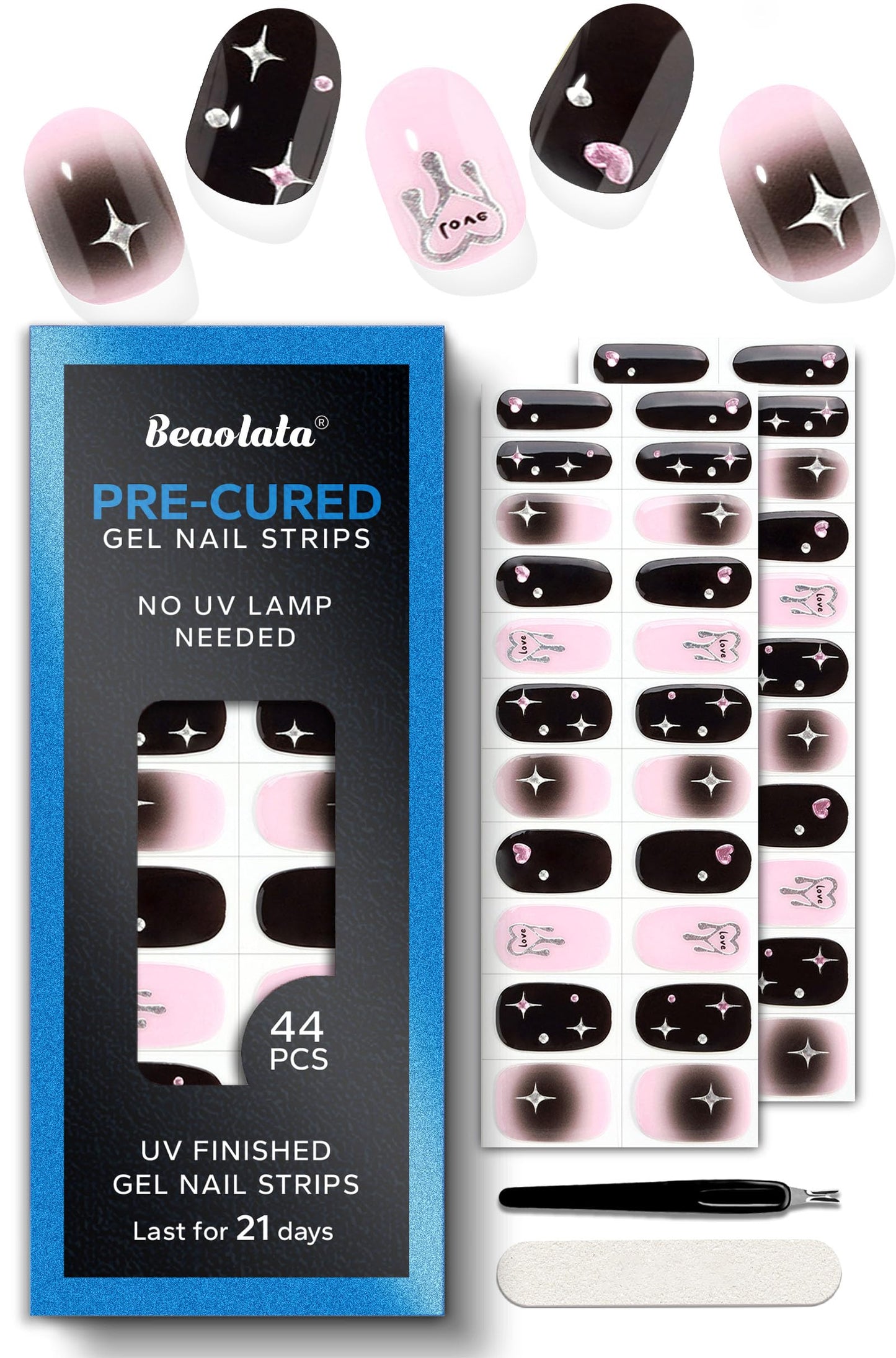 Beaolata Real Gel Nail Strips (No UV Light Needed) - 44Pcs Salon Quality Nail Stickers - Long Lasting Polish Wraps for Women, Easy Apply & Remove (Black Pulse)