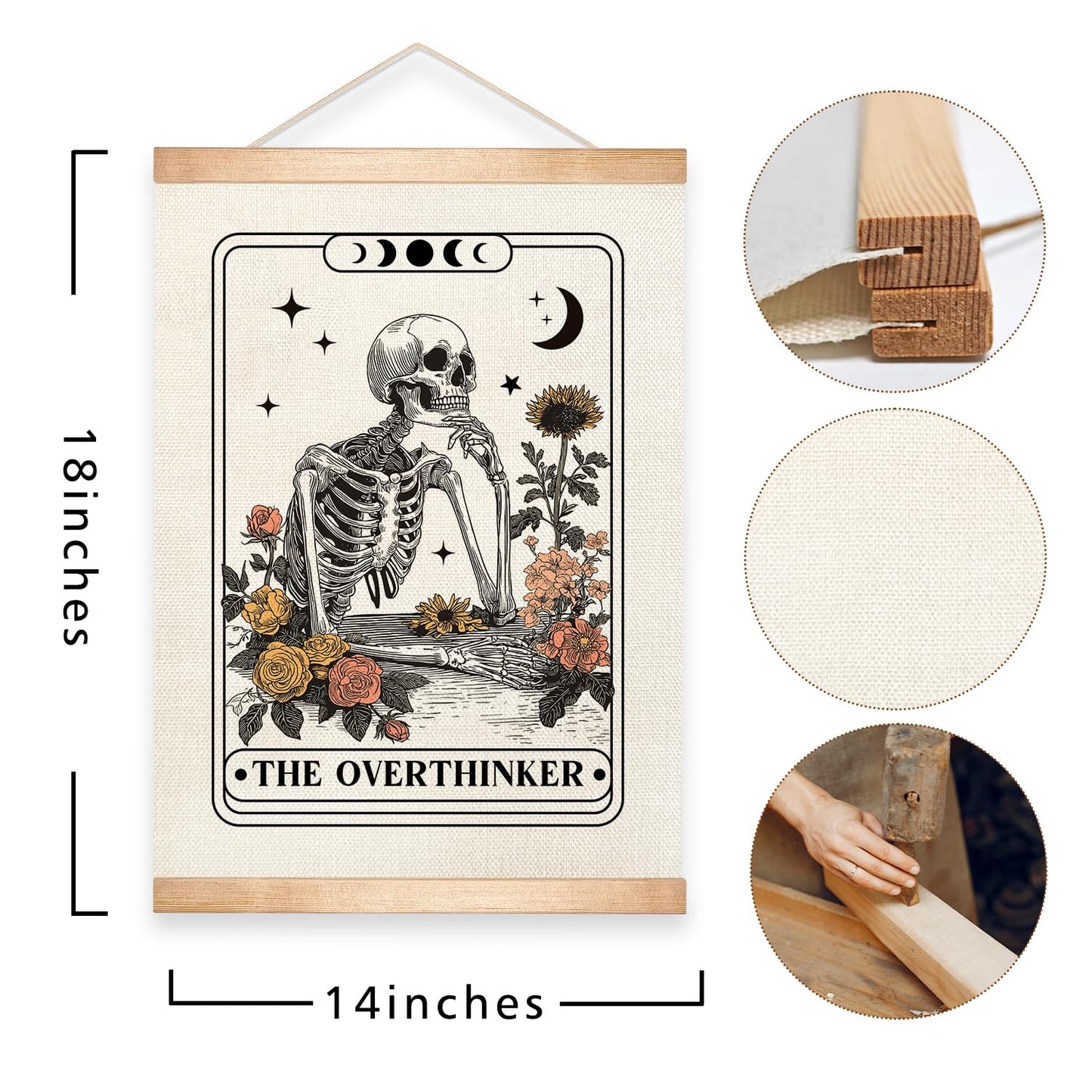 HEYJEEPER The Overthinker Tarot Card Wall Art,Skeleton and Floral for Witch Room Decor,Humorous Wall Hanging Linen Print Poster for Bedroom,Library, Study room 14x18inch(The Overthinker)