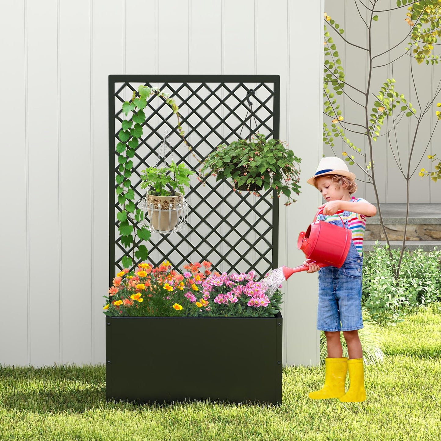 kinbor Planter with Trellis - Metal Planter Boxes Outdoor, Raised Garden Bed with Lattice Trellis for Climbing Plants, Black Flower Boxes Outdoor