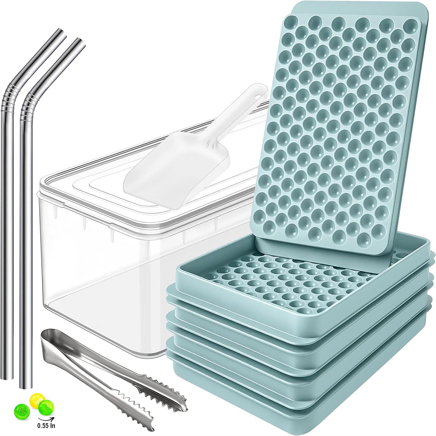 0.55in Mini Ice Cube Trays - Plastic Tiny Pebble Ice for Iced Coffee & Cocktails - Fast Chill, Easy Twist Release - Stackable with Lid, Storage Bin, Tongs, 2 Straws (4 pack, Blue)