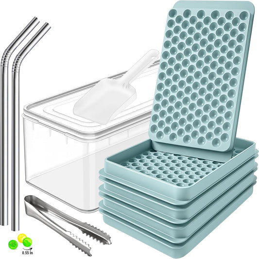 0.55in Mini Ice Cube Trays - Plastic Tiny Pebble Ice for Iced Coffee & Cocktails - Fast Chill, Easy Twist Release - Stackable with Lid, Storage Bin, Tongs, 2 Straws (4 pack, Blue)