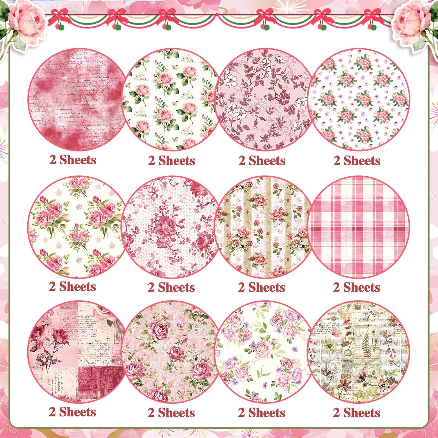 Konsait 24 Sheets Pink Flower Scrapbook Paper 12x12, Double Sided Rose Patterned Paper Floral Decorative Cardstock Pad Origami Papers for Card Making Romantic Scrapbook Supplies