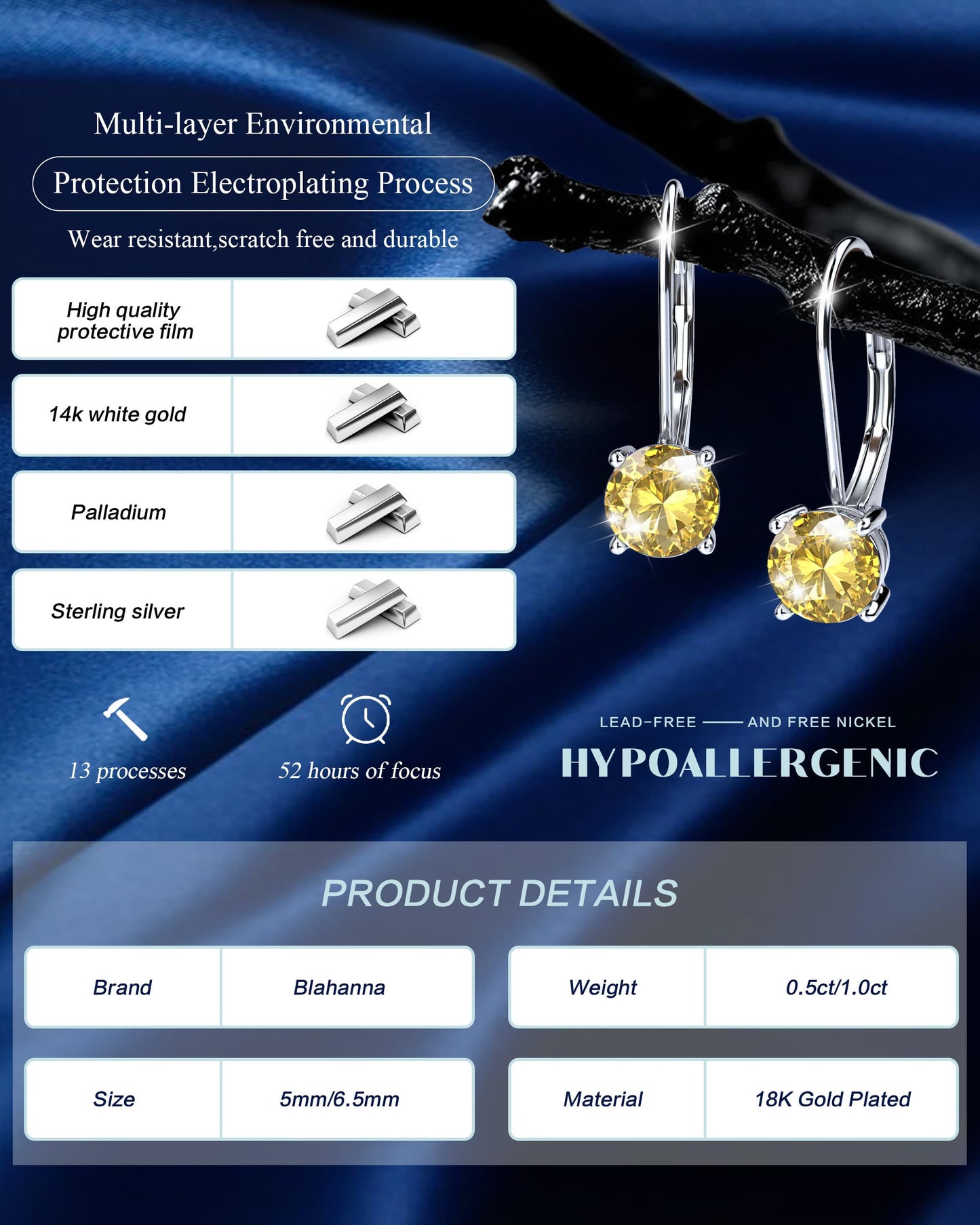 Blahanna Moissanite Earrings,1.0ct-2.0ct D Color Brilliant Round Cut Earrings S925 Sterling Silver Dangle Earrings Moissanite Leverback Drop Earring