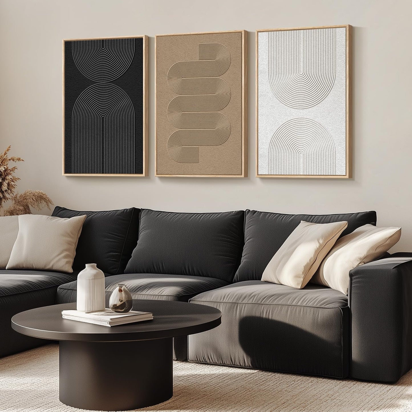 Large Framed Boho Modern Neutral Abstract Wall Art for Living Room, 3 Piece Black and White Canvas Prints Paintings Artwork for Walls, Geometric Pictures for Office Bedroom Dining Room Decor, 24x36 In