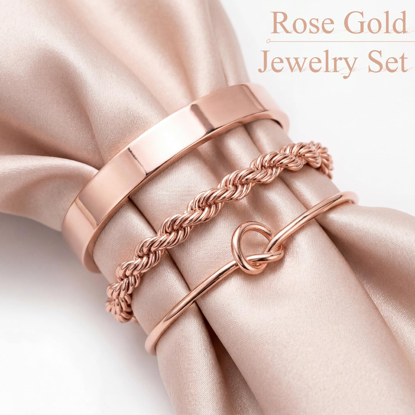 Poxtex Rose Gold Bangle Bracelets Stack for Women, Rose Gold Cuff Link Chain Bracelets Set, Trendy Waterproof Jewelry Gifts Adjustable