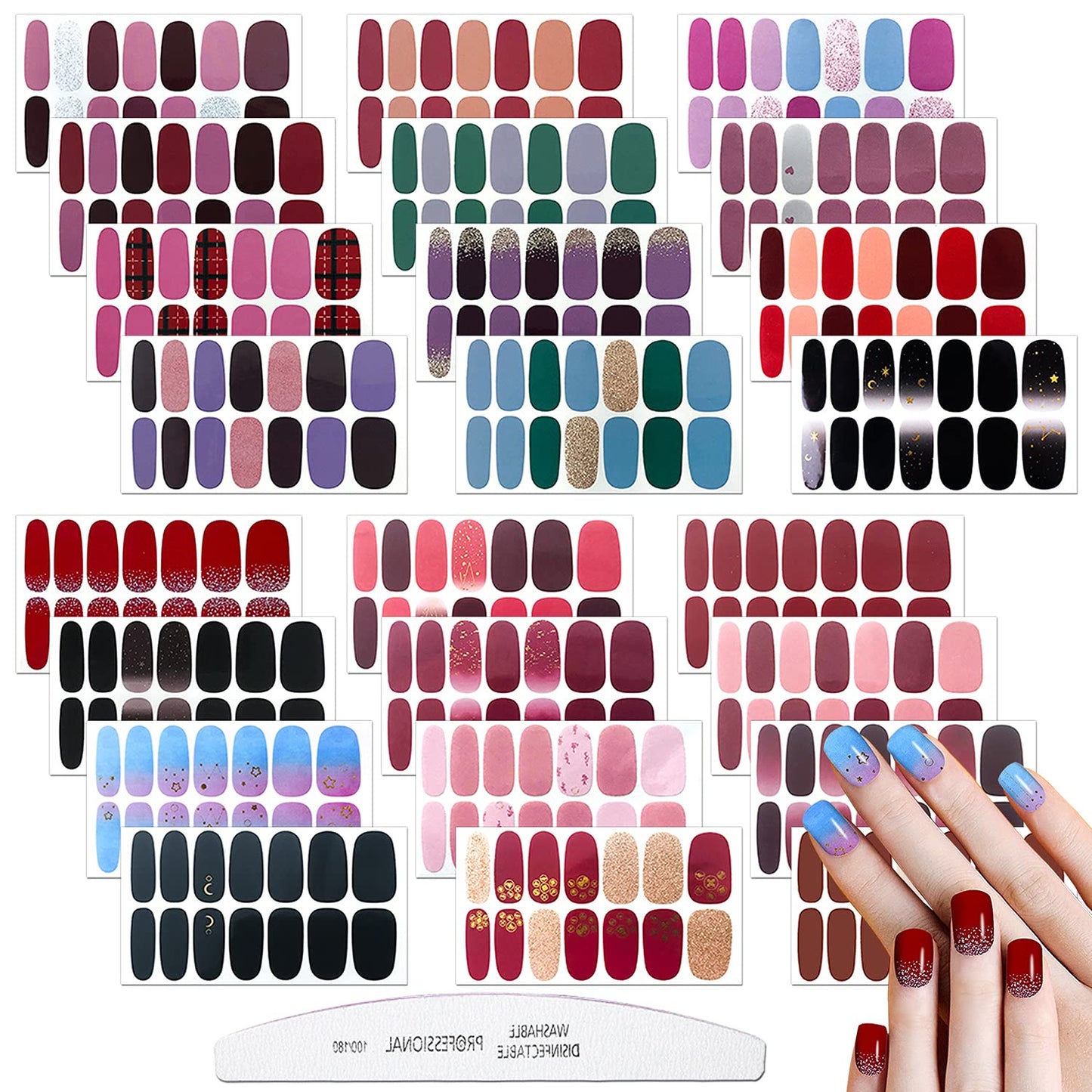 JERCLITY 24 Sheets Solid Color Nail Polish Strips Press On Nail Stickers Full Nail Wraps for Women